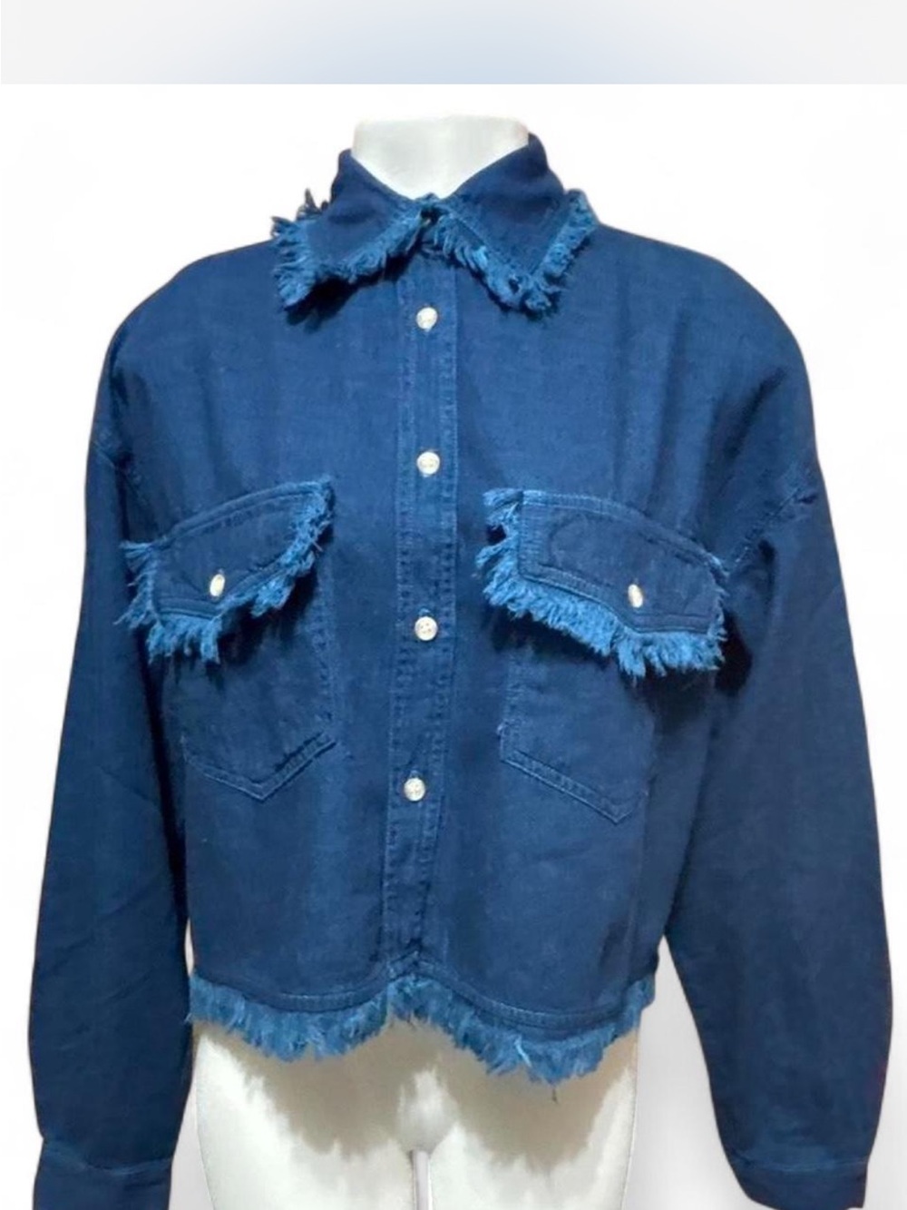 Carolina Blues Cropped Frayed Denim Jacket —